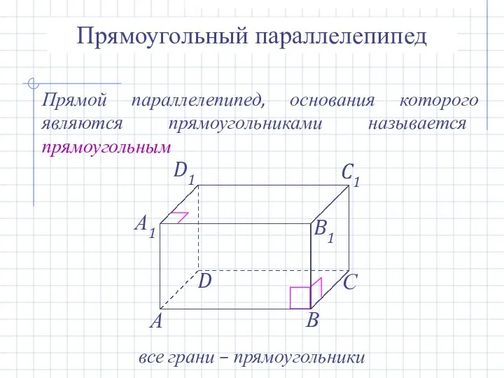 Прямоугольный параллелепипед Прямой параллелепипед, основания которого являются прямоугольниками называется прямоугольным все грани – прямоугольники