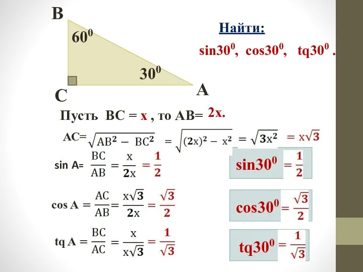 300 600 C B A Найти: sin300, cos300, tq300 . Пусть