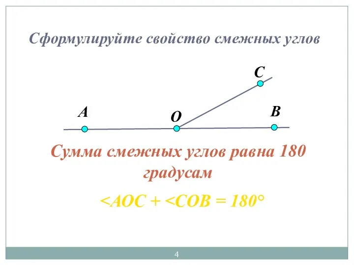 Сумма смежных углов равна 180 градусам Сформулируйте свойство смежных углов