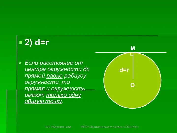 2) d=r Если расстояние от центра окружности до прямой равно радиусу