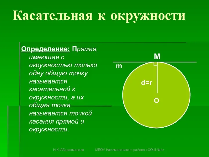 Касательная к окружности Определение: Прямая, имеющая с окружностью только одну общую