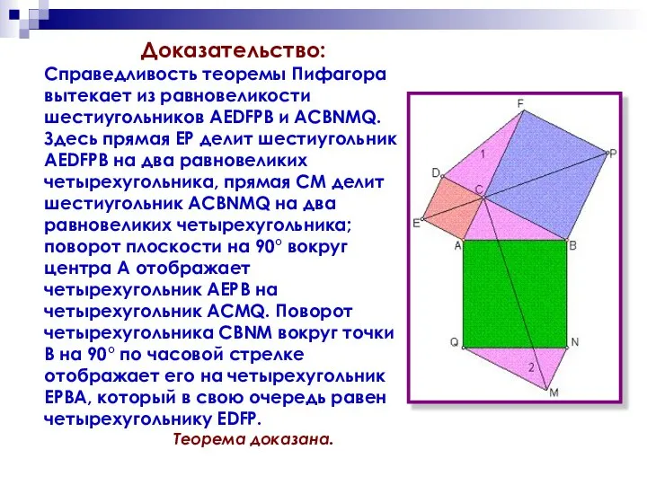 Доказательство: Справедливость теоремы Пифагора вытекает из равновеликости шестиугольников AEDFPB и ACBNMQ.