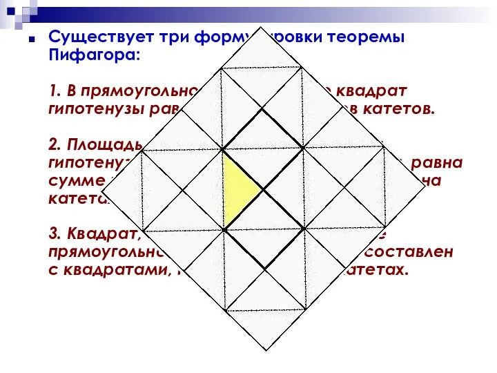 Существует три формулировки теоремы Пифагора: 1. В прямоугольном треугольнике квадрат гипотенузы