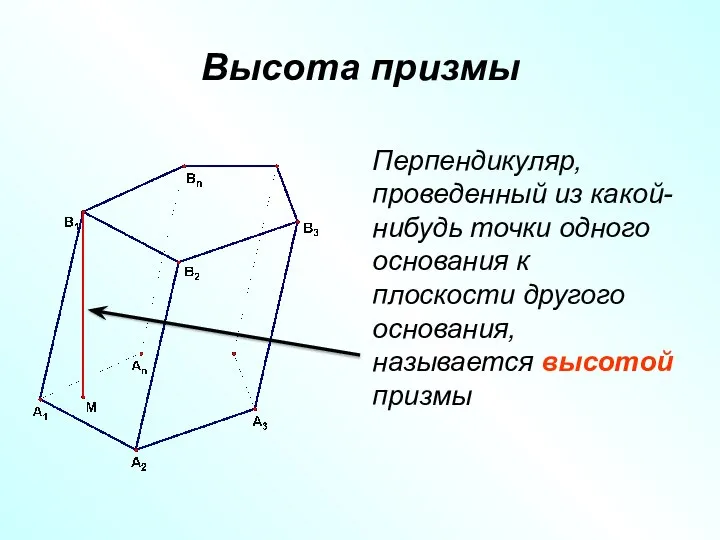 Высота призмы Перпендикуляр, проведенный из какой-нибудь точки одного основания к плоскости другого основания, называется высотой призмы