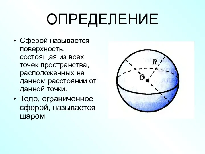 ОПРЕДЕЛЕНИЕ Сферой называется поверхность, состоящая из всех точек пространства, расположенных на