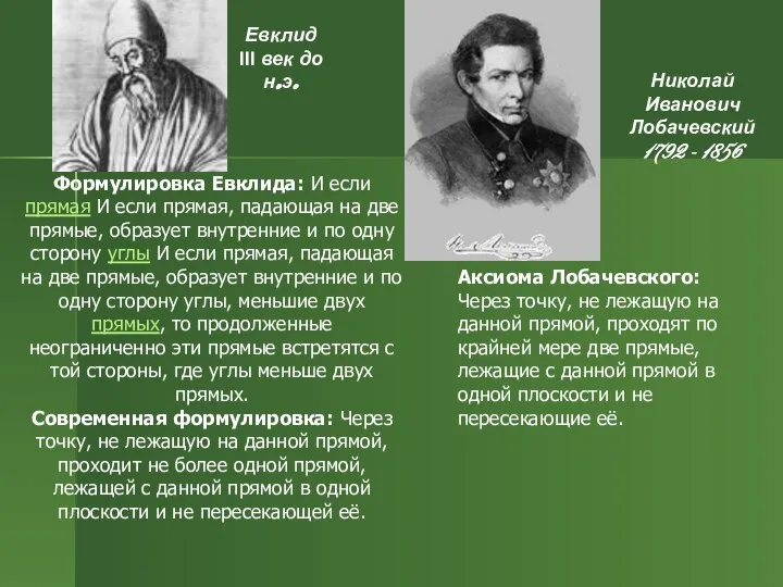 Николай Иванович Лобачевский 1792 - 1856 Евклид III век до н.э.