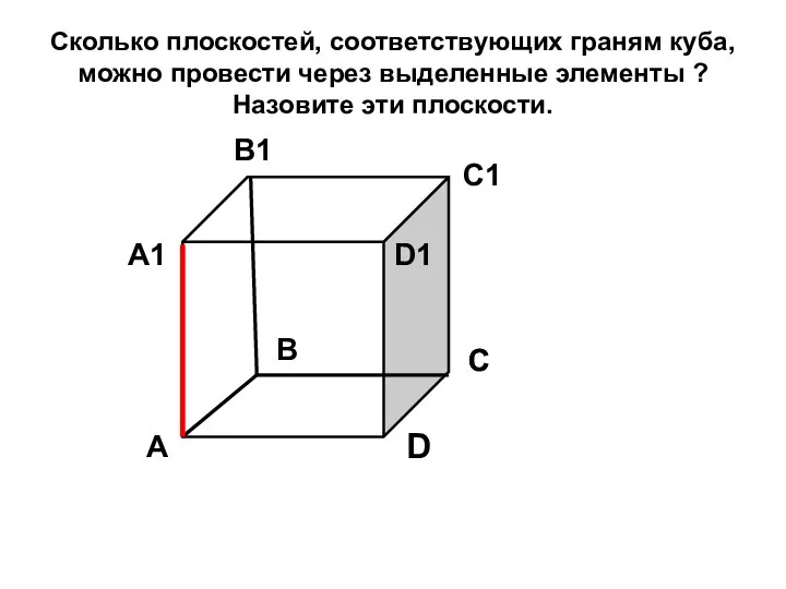 Сколько плоскостей, соответствующих граням куба, можно провести через выделенные элементы ?