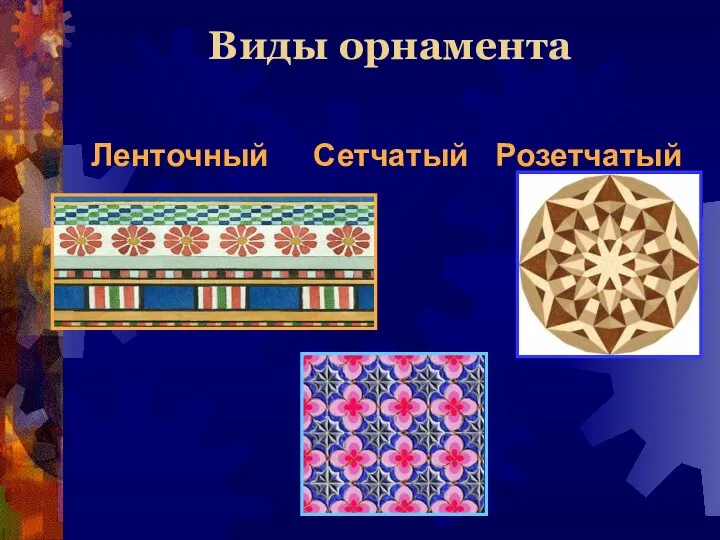 Виды орнамента Ленточный Сетчатый Розетчатый