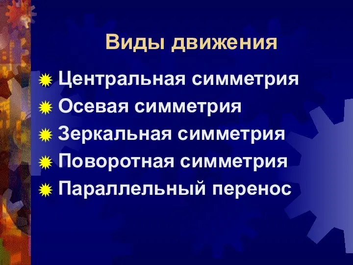 Виды движения Центральная симметрия Осевая симметрия Зеркальная симметрия Поворотная симметрия Параллельный перенос