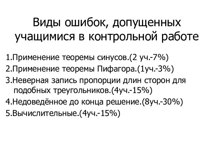 Виды ошибок, допущенных учащимися в контрольной работе 1.Применение теоремы синусов.(2 уч.-7%)