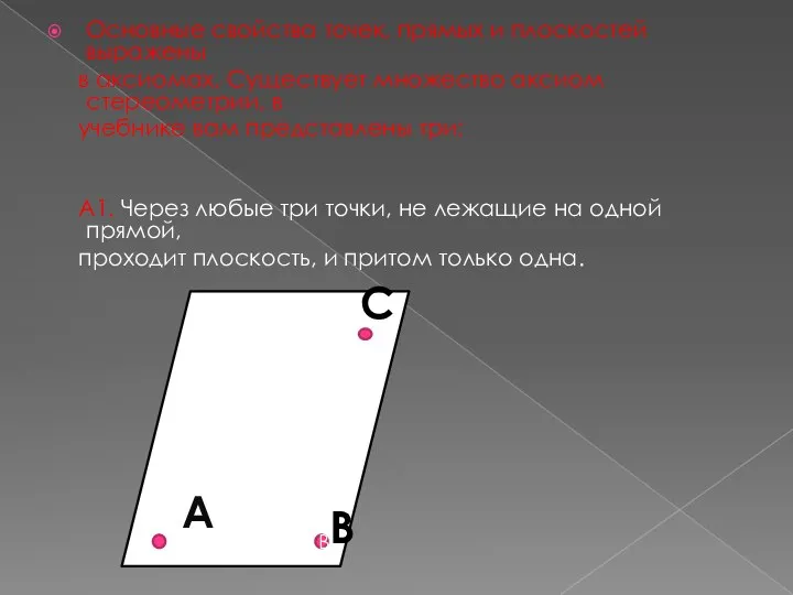 Основные свойства точек, прямых и плоскостей выражены в аксиомах. Существует множество