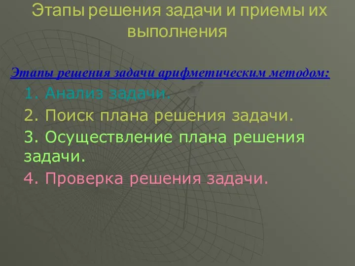 Этапы решения задачи и приемы их выполнения Этапы решения задачи арифметическим