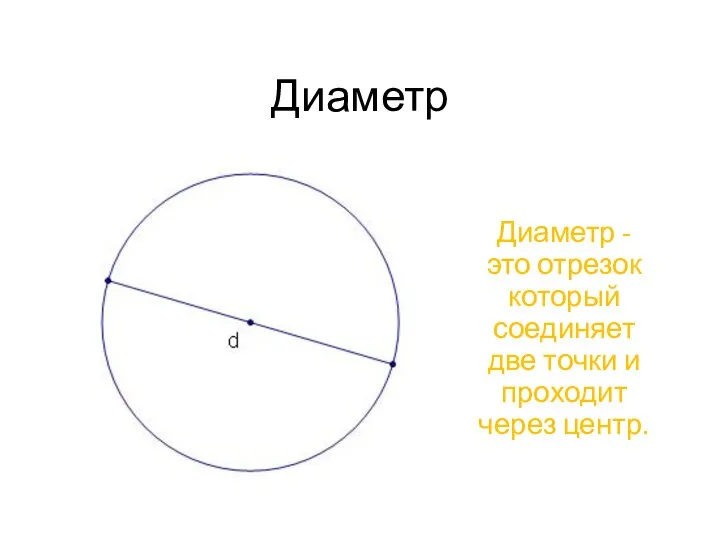 Диаметр Диаметр - это отрезок который соединяет две точки и проходит через центр.