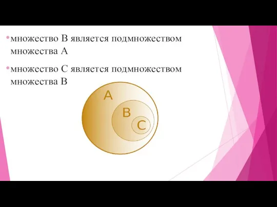 множество В является подмножеством множества А множество С является подмножеством множества В