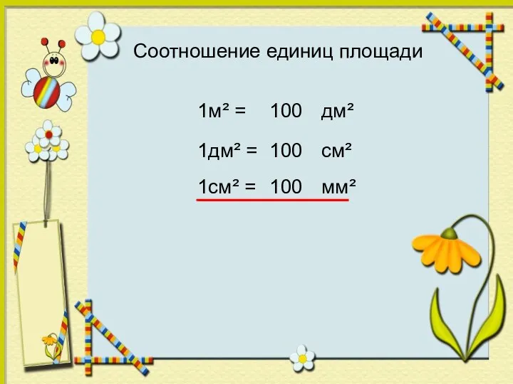 Соотношение единиц площади 1м² = дм² 100 1дм² = см² 100 1см² = мм² 100