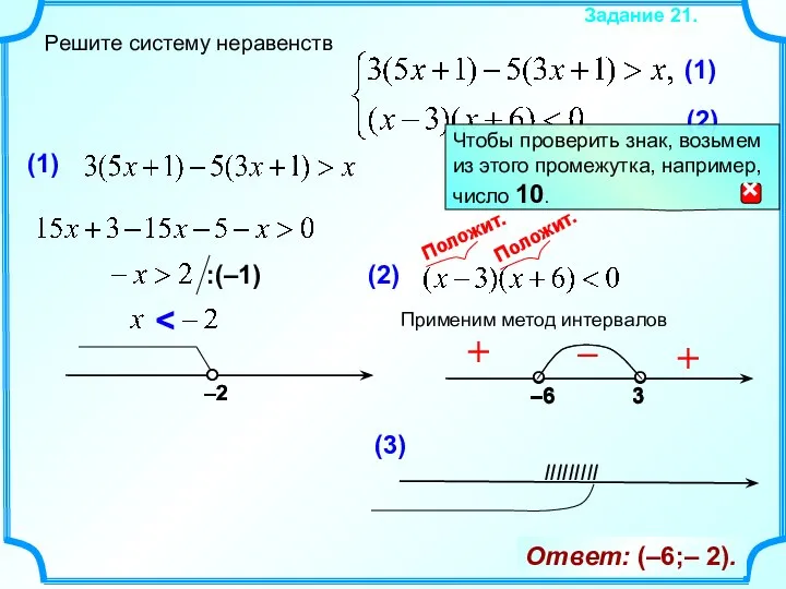 Решите систему неравенств Задание 21. Применим метод интервалов + – (3) IIIIIIIII Ответ: (–6;– 2). +