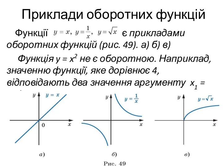 Приклади оборотних функцій Функції є прикладами оборотних функцій (рис. 49). а)