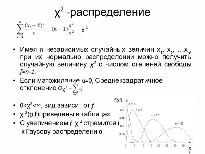 χ2 -распределение Имея n независимых случайных величин х1, х2, …хn, при