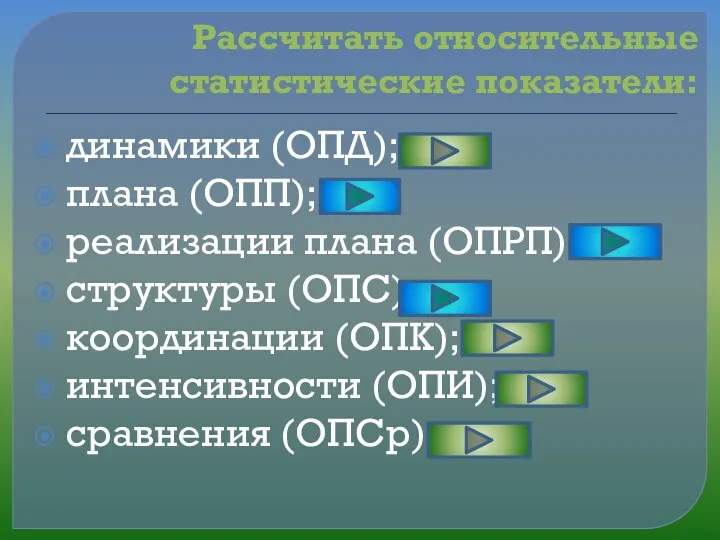 Рассчитать относительные статистические показатели: динамики (ОПД); плана (ОПП); реализации плана (ОПРП);