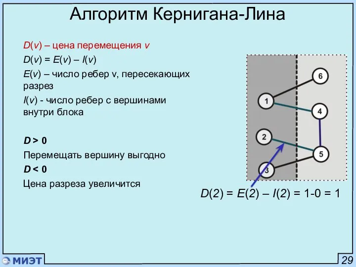 29 Алгоритм Кернигана-Лина D(v) – цена перемещения v D(v) = E(v)