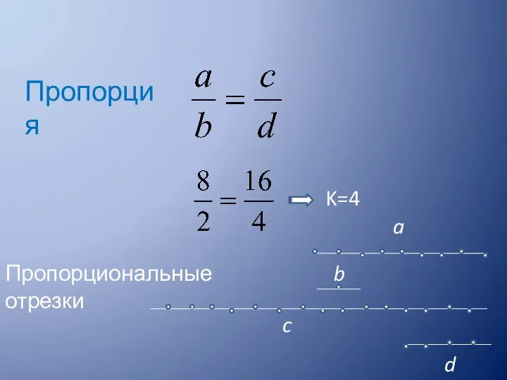 Пропорция Пропорциональные отрезки a b d c K=4