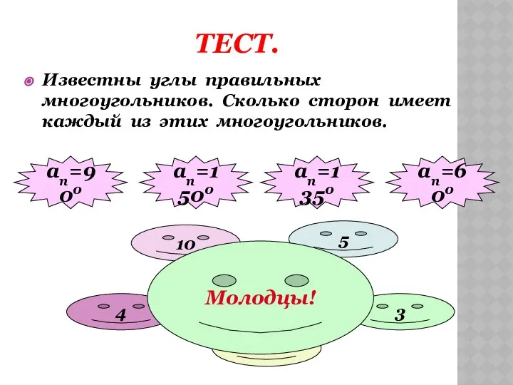 ТЕСТ. Известны углы правильных многоугольников. Сколько сторон имеет каждый из этих