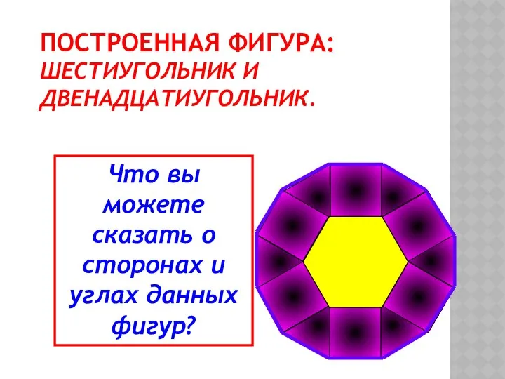 ПОСТРОЕННАЯ ФИГУРА: ШЕСТИУГОЛЬНИК И ДВЕНАДЦАТИУГОЛЬНИК. Что вы можете сказать о сторонах и углах данных фигур?