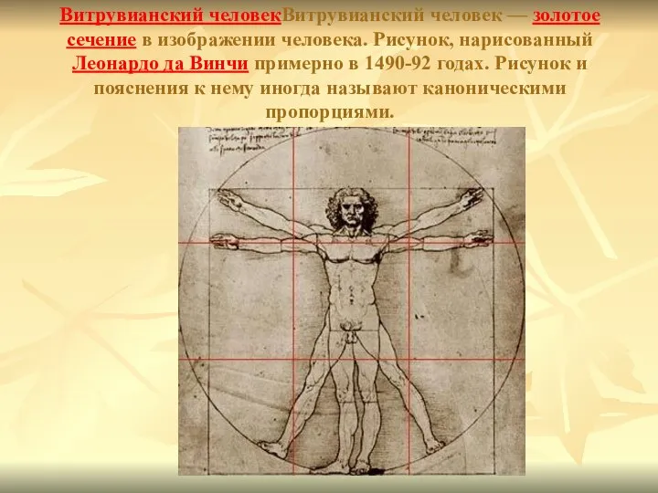 Витрувианский человекВитрувианский человек — золотое сечение в изображении человека. Рисунок, нарисованный