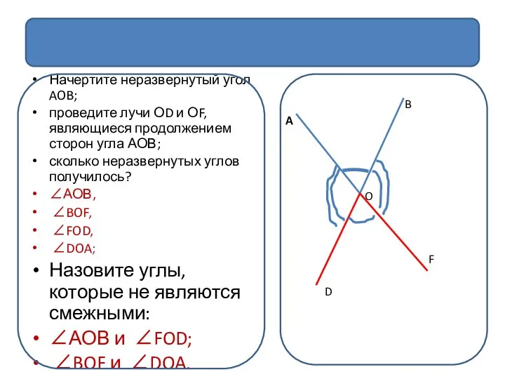 Вертикальные углы Начертите неразвернутый угол AOB; проведите лучи ОD и ОF,