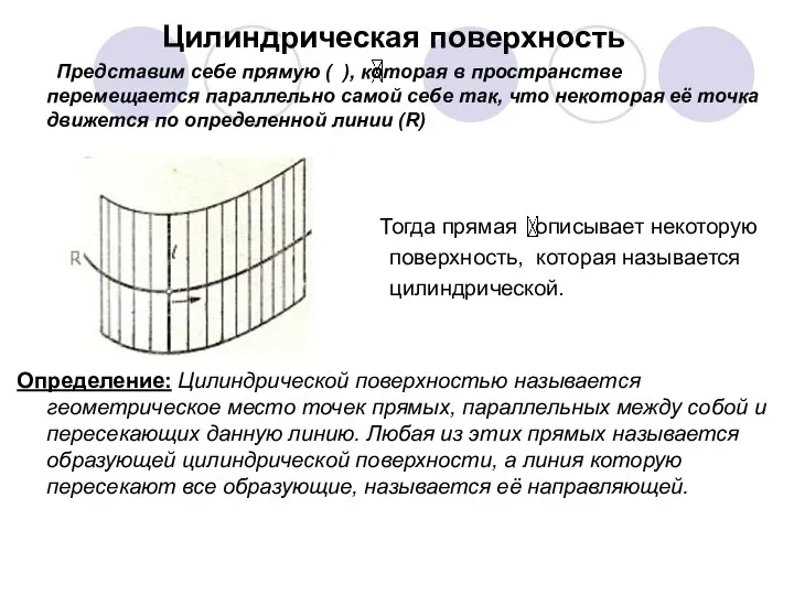 Цилиндрическая поверхность Представим себе прямую ( ), которая в пространстве перемещается