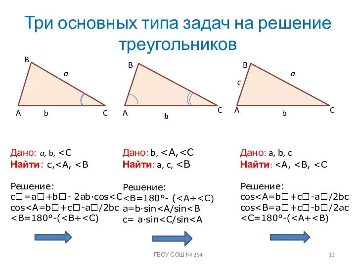Три основных типа задач на решение треугольников C A B C