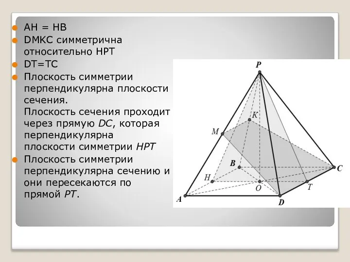 АН = НВ DMKC симметрична относительно HPT DT=TC Плоскость симметрии перпендикулярна