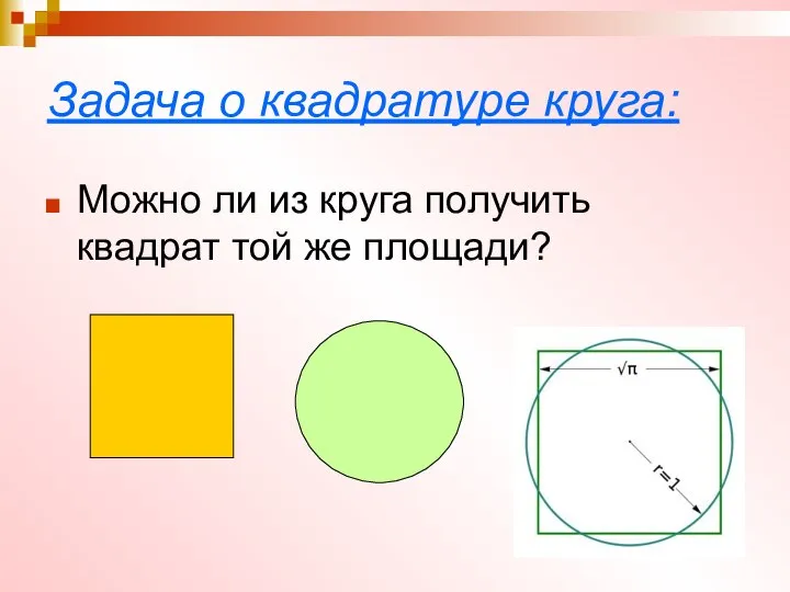 Задача о квадратуре круга: Можно ли из круга получить квадрат той же площади?