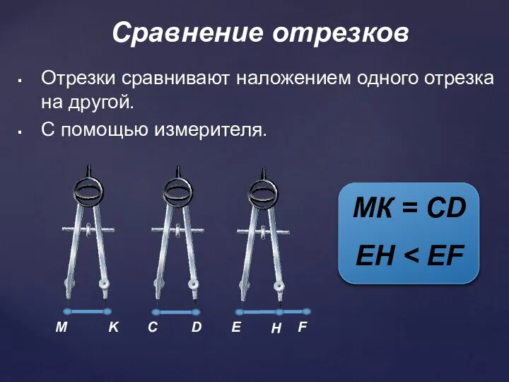 Отрезки сравнивают наложением одного отрезка на другой. С помощью измерителя. Сравнение