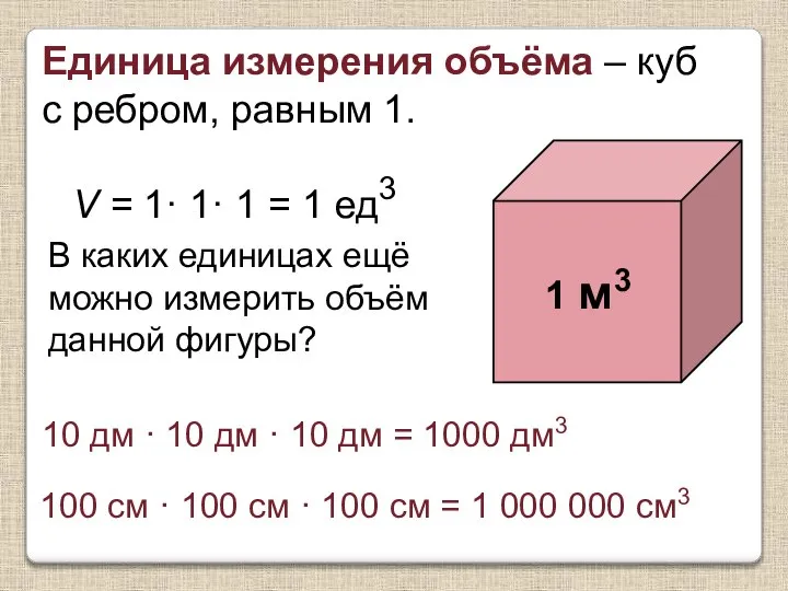 Единица измерения объёма – куб с ребром, равным 1. 1 м3