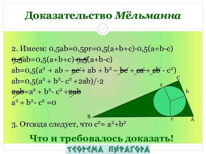 Что и требовалось доказать! 2. Имеем: 0,5ab=0,5pr=0,5(a+b+c)·0,5(a+b-c) 0,5ab=0,5(a+b+c)·0,5(a+b-c) аb=0,5(а2 + ab