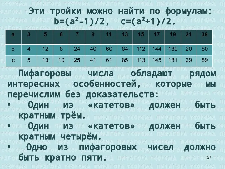 Эти тройки можно найти по формулам: b=(a2-1)/2, c=(a2+1)/2. Пифагоровы числа обладают