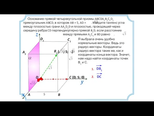 (0; 5; 0) Основание прямой четырехугольной призмы ABCDA1B1C1D1 прямоугольник ABCD, в