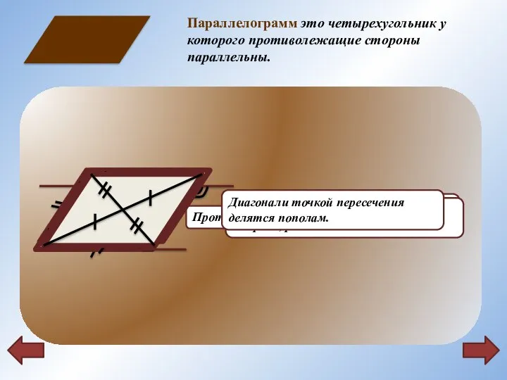 Параллелограмм это четырехугольник у которого противолежащие стороны параллельны.