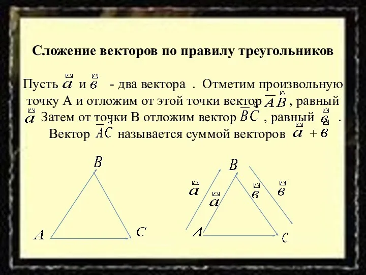 Сложение векторов по правилу треугольников Пусть и - два вектора .