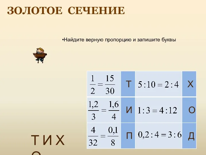 ЗОЛОТОЕ СЕЧЕНИЕ Т Х Найдите верную пропорцию и запишите буквы И