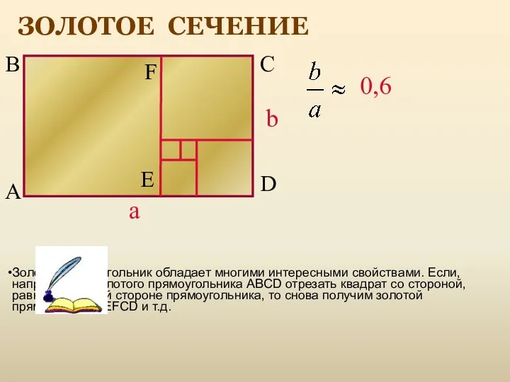 ЗОЛОТОЕ СЕЧЕНИЕ B C D A F E Золотой прямоугольник обладает