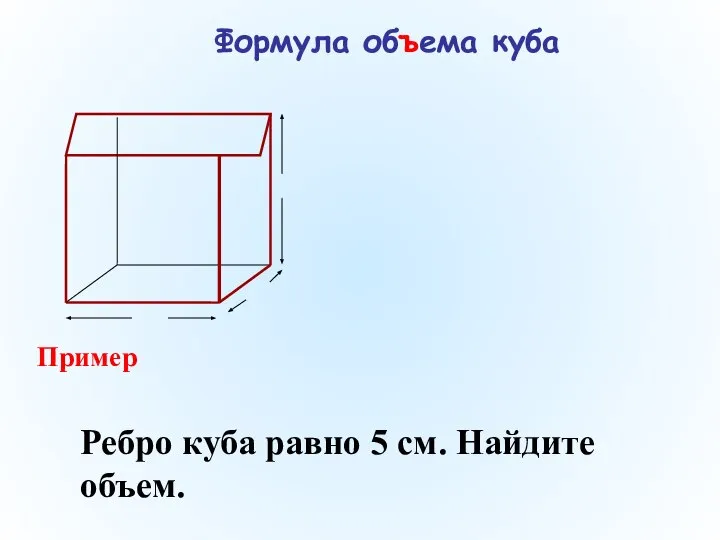 Формула объема куба Пример Ребро куба равно 5 см. Найдите объем.