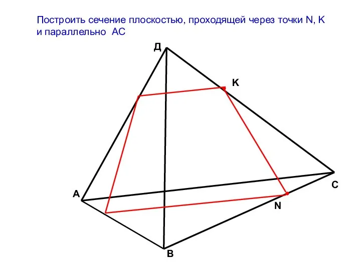 Построить сечение плоскостью, проходящей через точки N, K и параллельно АС