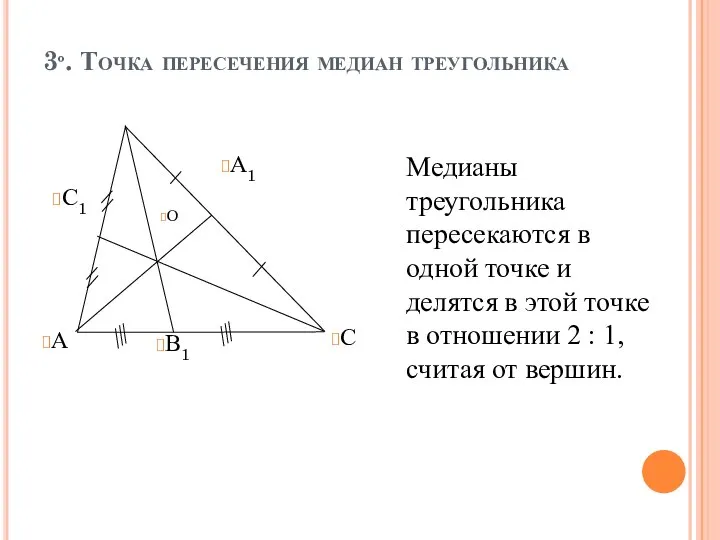 3º. Точка пересечения медиан треугольника Медианы треугольника пересекаются в одной точке