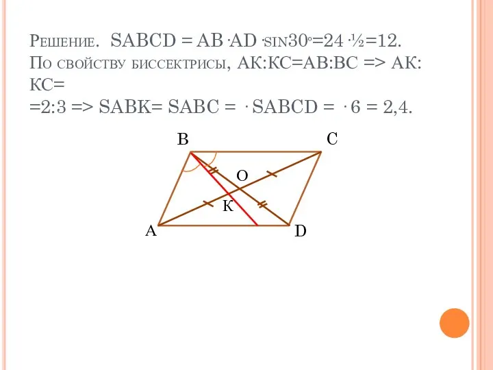 Решение. SABCD = AB·AD·sin30º=24·½=12. По свойству биссектрисы, АК:КС=АВ:ВС => АК:КС= =2:3