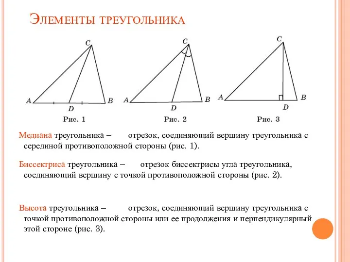 Элементы треугольника Медиана треугольника – Биссектриса треугольника – Высота треугольника –