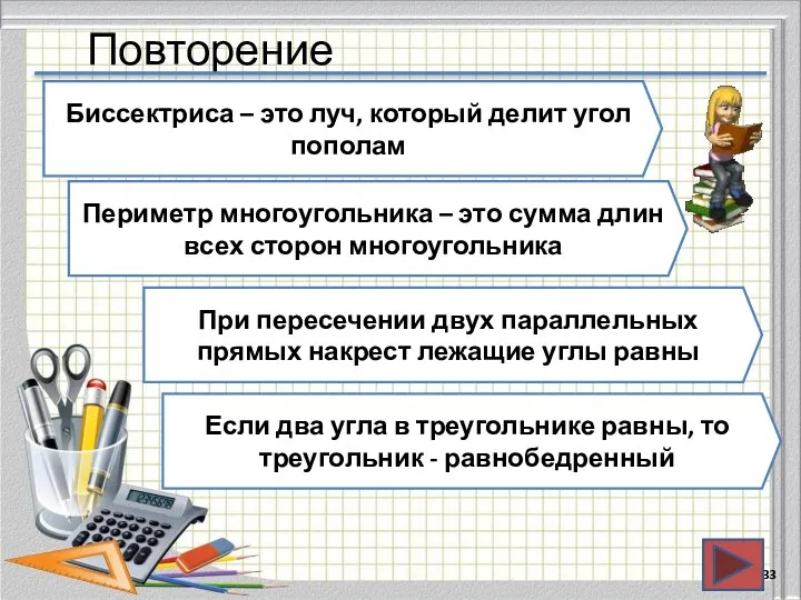 Повторение Биссектриса – это луч, который делит угол пополам Периметр многоугольника