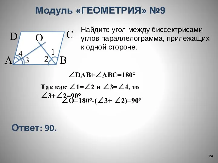 Модуль «ГЕОМЕТРИЯ» №9 Найдите угол между биссектрисами углов параллелограмма, прилежащих к