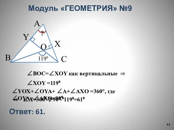 Модуль «ГЕОМЕТРИЯ» №9 В С А ? 119⁰ O Y X